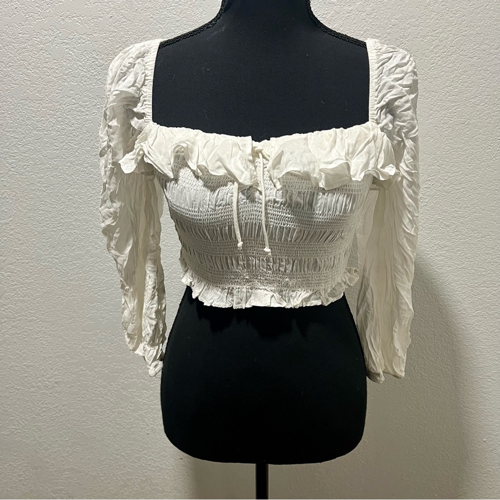 Cotton Candy Cream Smocked Tie Front Ruffled Cropped Blouse